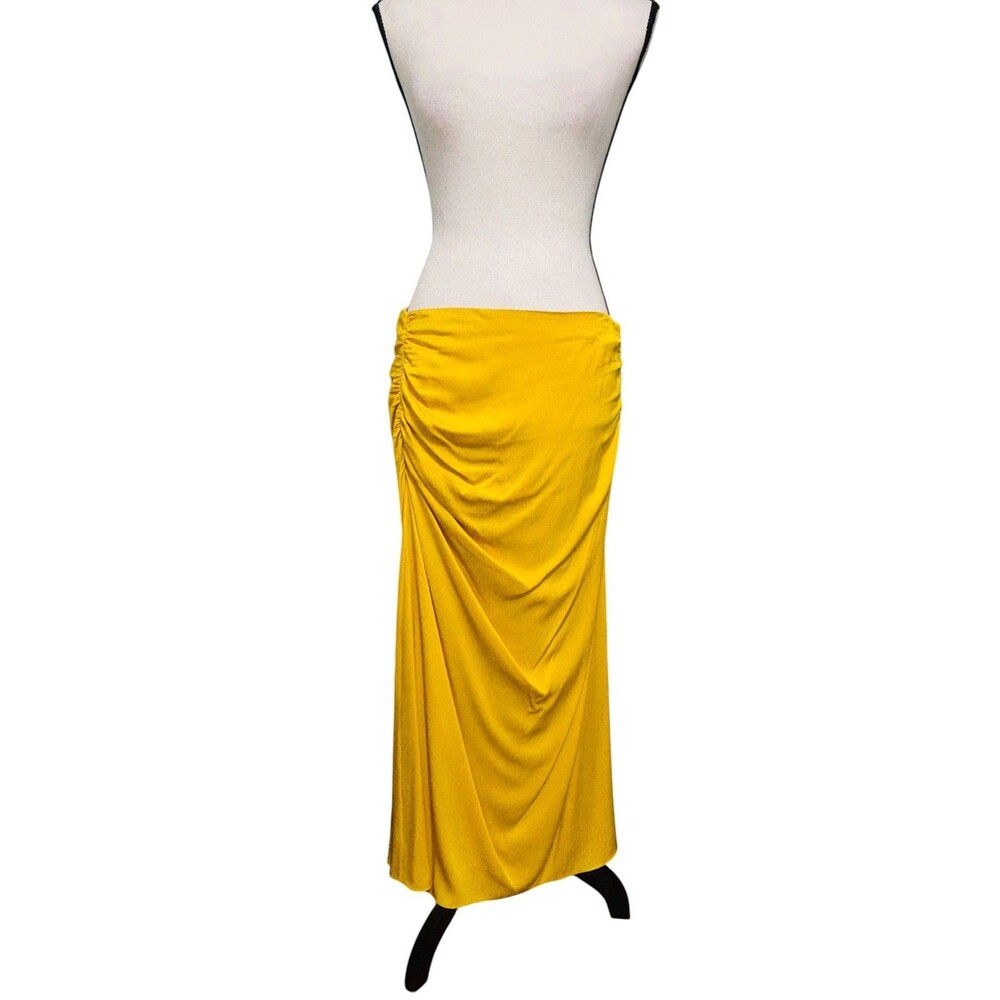 Theory Twisted Silk Maxi Skirt Sz 8 Mustard Ruched Hips